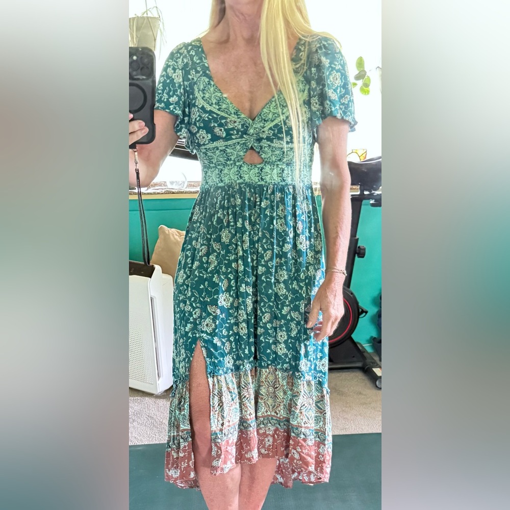 Angie Teal Floral Midi Dress with Front Keyhole